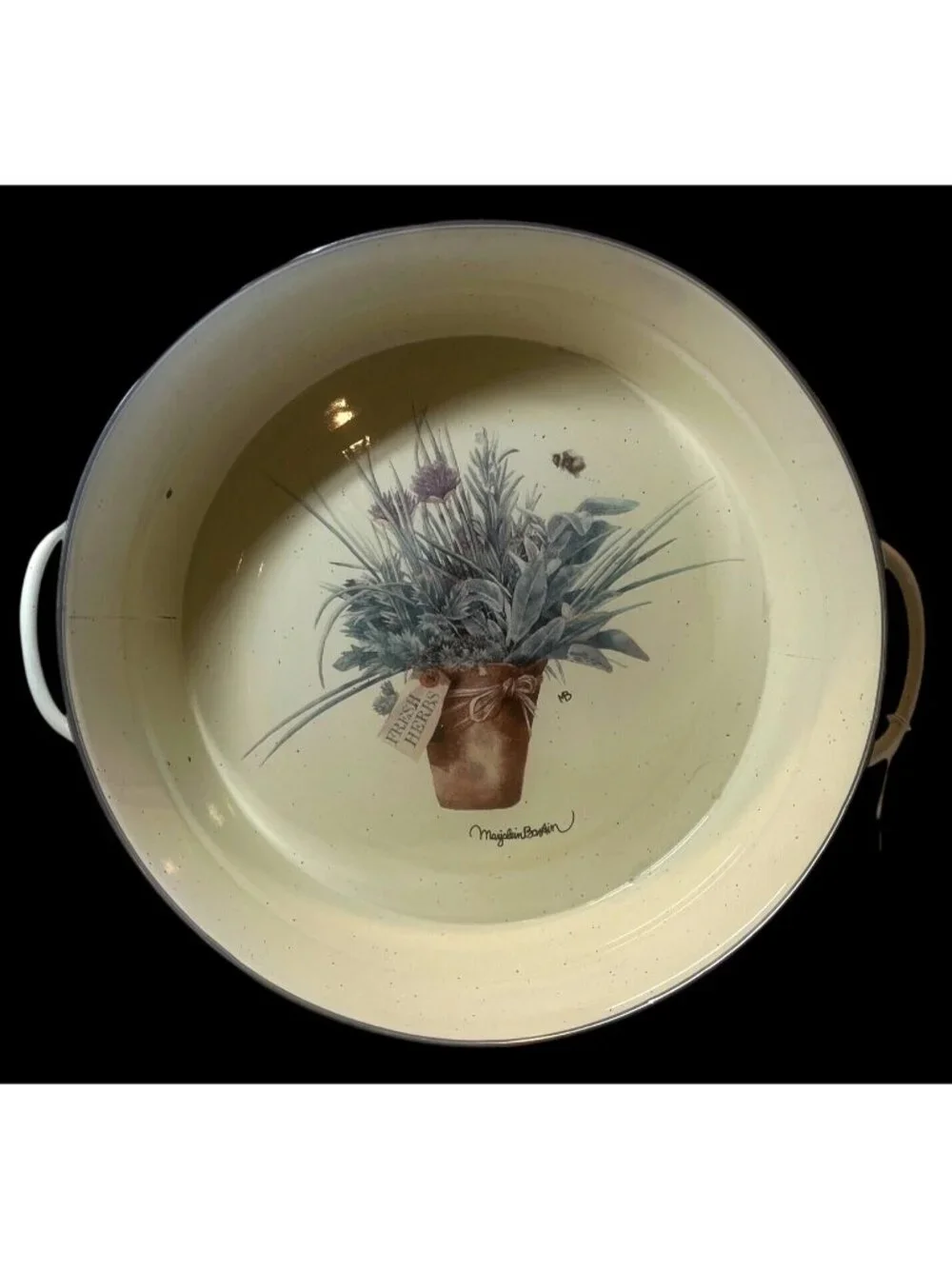 Marjolein Bastin Fresh Herbs Enamel Serving Bowl With Handles & Green Checker De